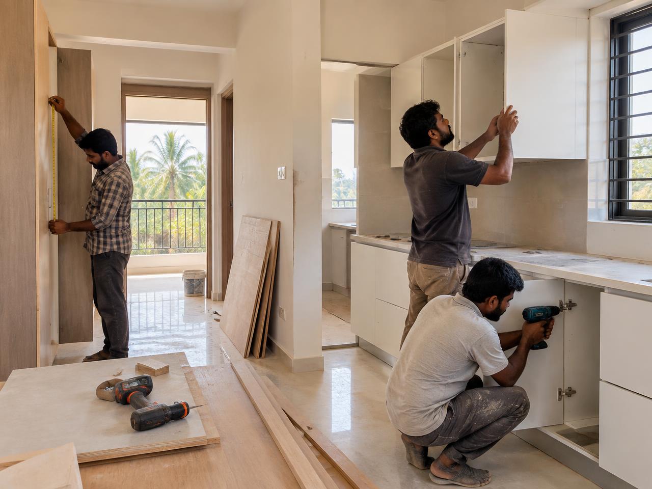 K Town Interiors team installing modular kitchen cabinets in a Trivandrum apartment